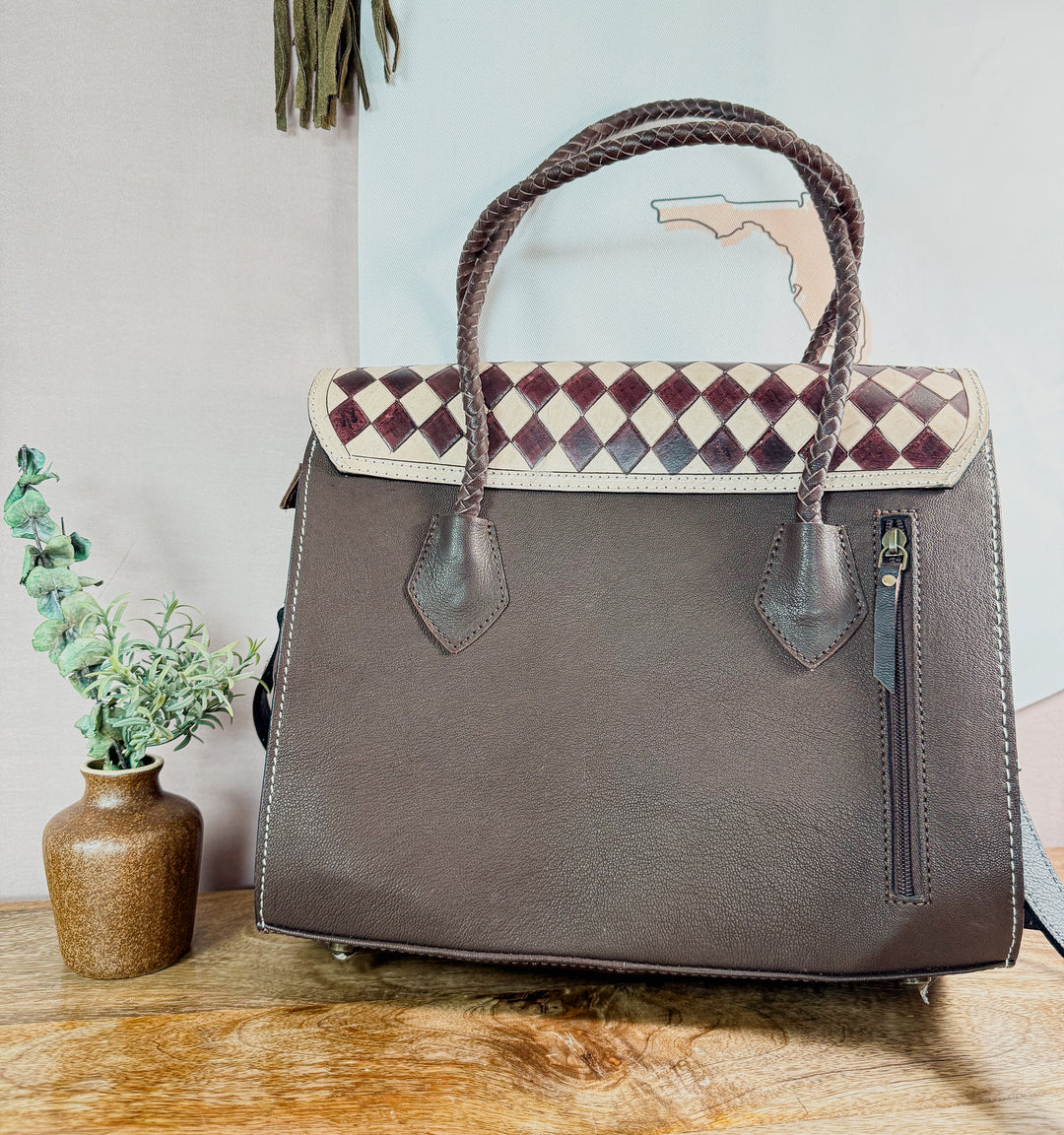Checkmate No. 9 | Brown & Tan Tooled Leather Tote (Right-Hand Concealed Carry)