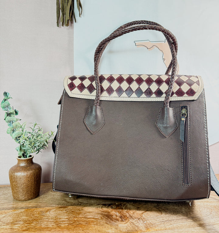Checkmate No. 9 | Brown & Tan Tooled Leather Tote (Right-Hand Concealed Carry)
