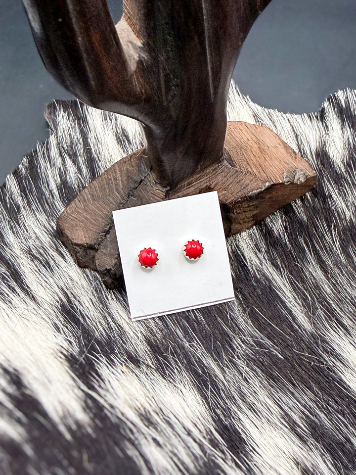 Tiny Coral Stud Earrings | Handmade Navajo Sterling Silver Earrings | Genuine Coral | Linda Yazzie