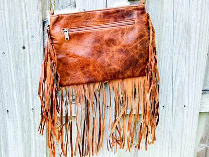 Hey Stud: Hair on Cowhide Leather Studed Fringe Crossbody Purse