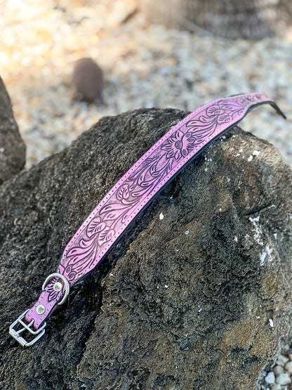 MAGNOLIA BELLE (M) Pink Floral Leather Hand Tooled Dog Collar