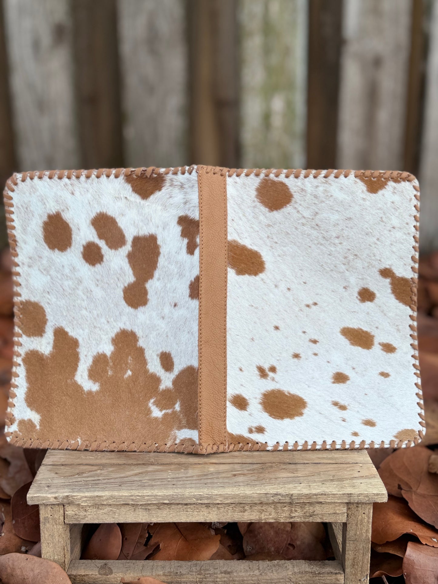 Tan Leather & Cowhide Bible Cover – Handmade Western Book Sleeve for Large Bibles & Notebooks