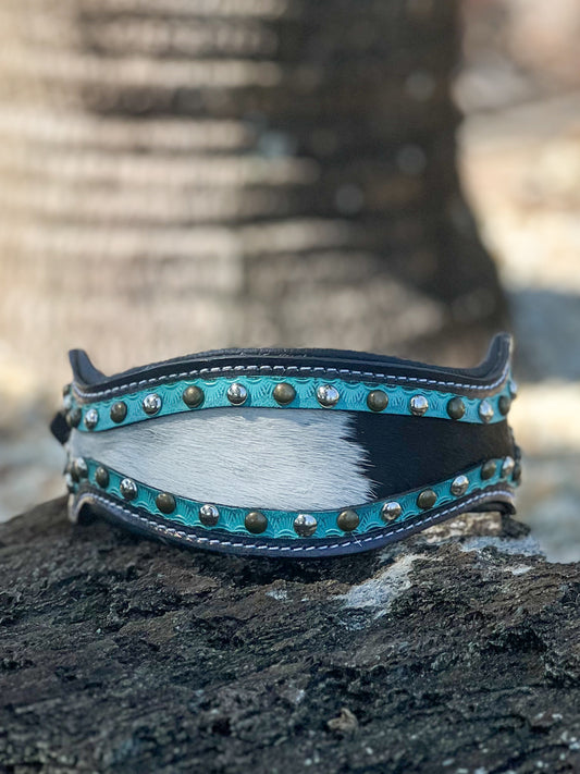 TURQUOISE OUTLAW (L) hand tooled leather and cowhide studded dog collar