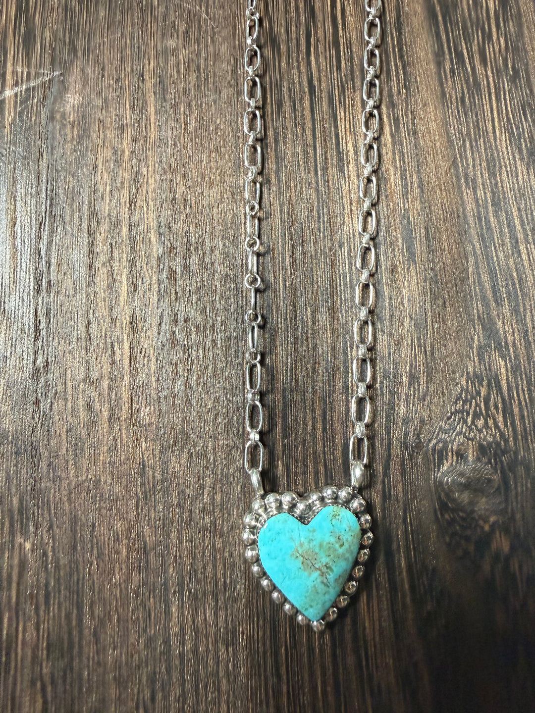 Navajo Handmade Kingman Turquoise Heart Sterling Silver Necklace - Signed Sonyei Coho