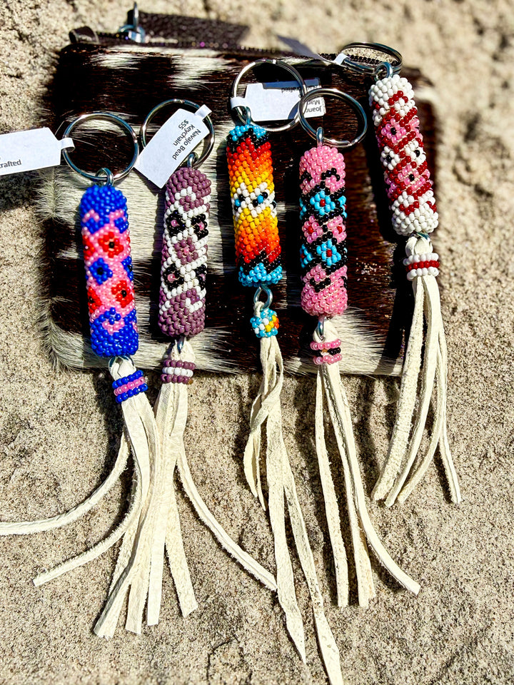 Handmade Navajo Beaded Keychain | Western Bag Charm w/ Leather Fringe