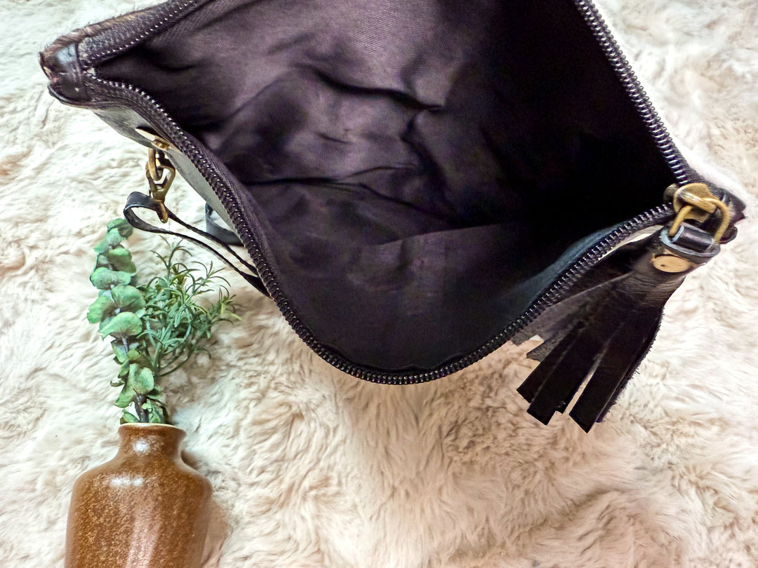 Hide Away Foldover | Small Elegant Black Leather and Hair on Cowhide Crossbody Foldover Purse