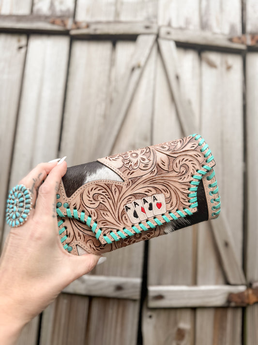 Hide and Ace : Tooled Leather and Cowhide Aces Card Design Turquoise Stiched Wallet