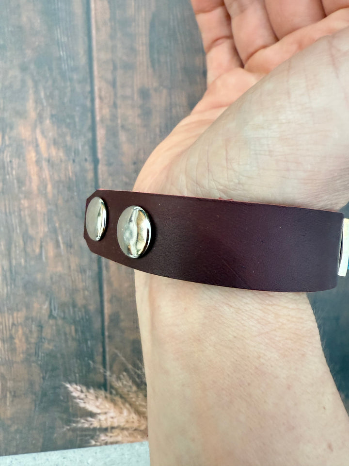 Navajo Turquoise Inlay Leather Cuff Bracelet – Handmade Sterling & Leather – Adjustable Snap Fit – Edison Yazzie