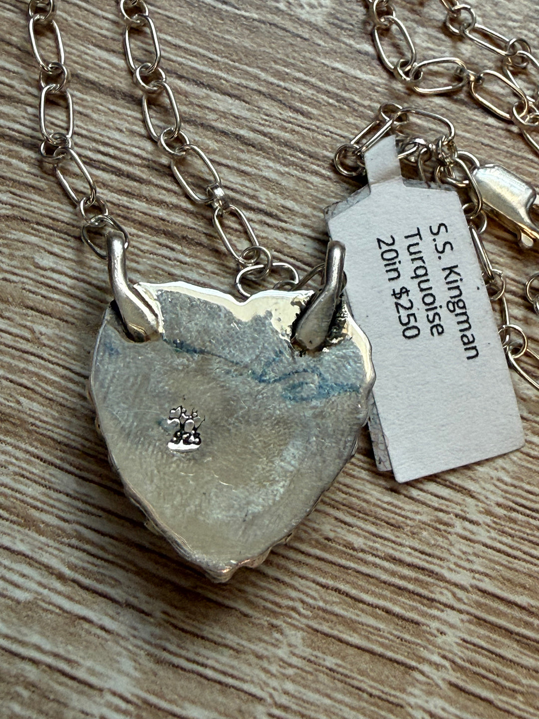 Navajo Handmade Kingman Turquoise Heart Sterling Silver Necklace - Signed Sonyei Coho