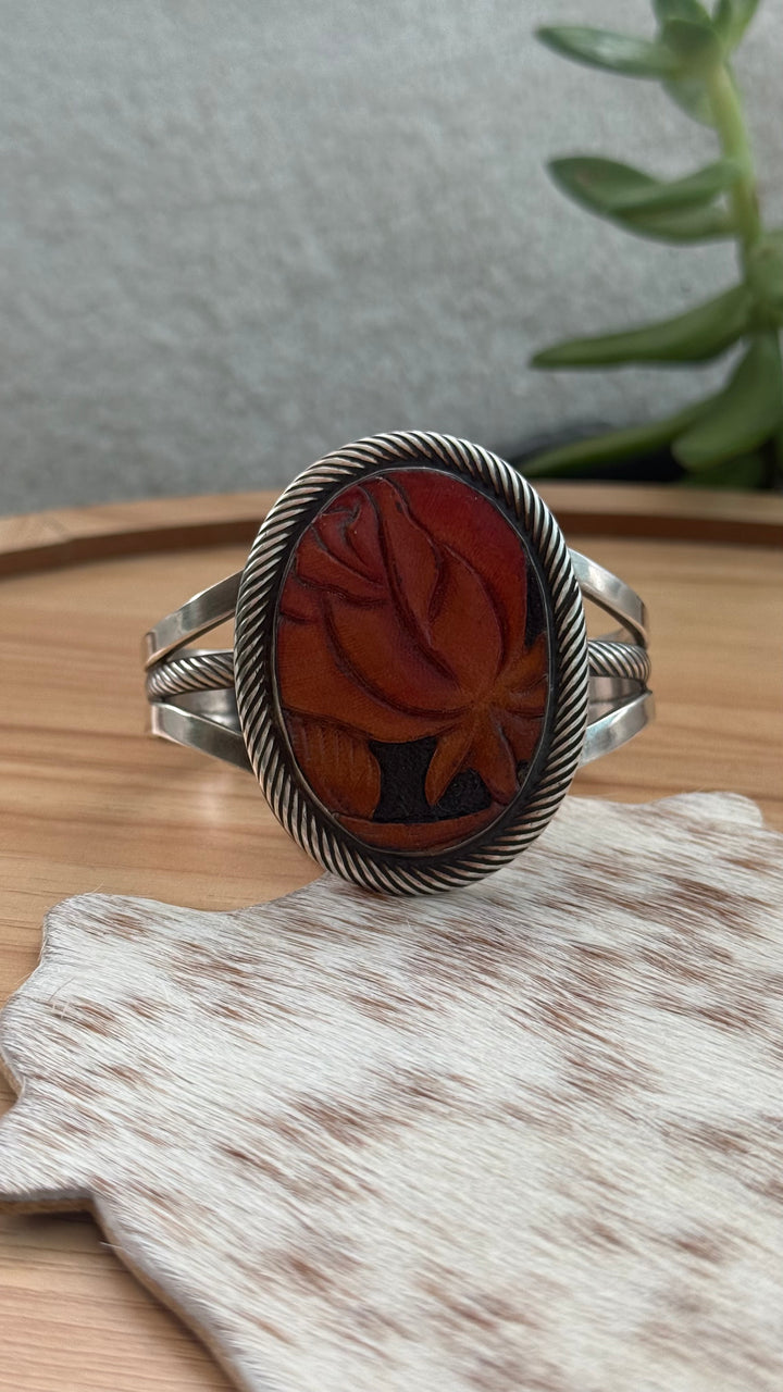 Native American Sterling Silver Tooled Leather Rose Cuff Bracelet | Signed LD | Handmade Floral 6” Western Cuff