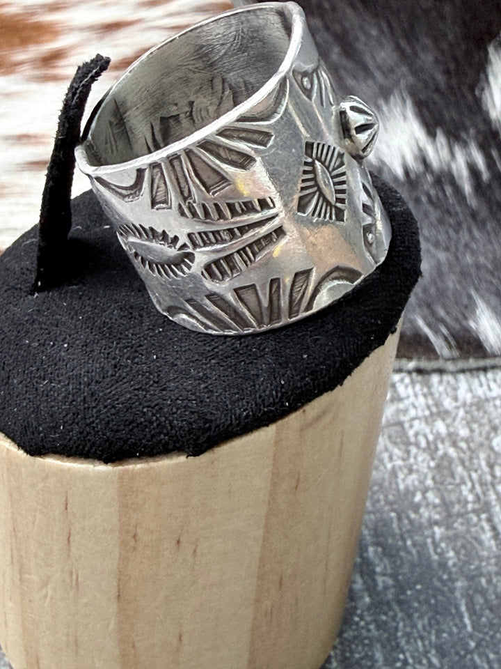 Navajo Handmade Sterling Silver Stamped Cigar Band Ring | Size 7.5 Wide Native American Ring