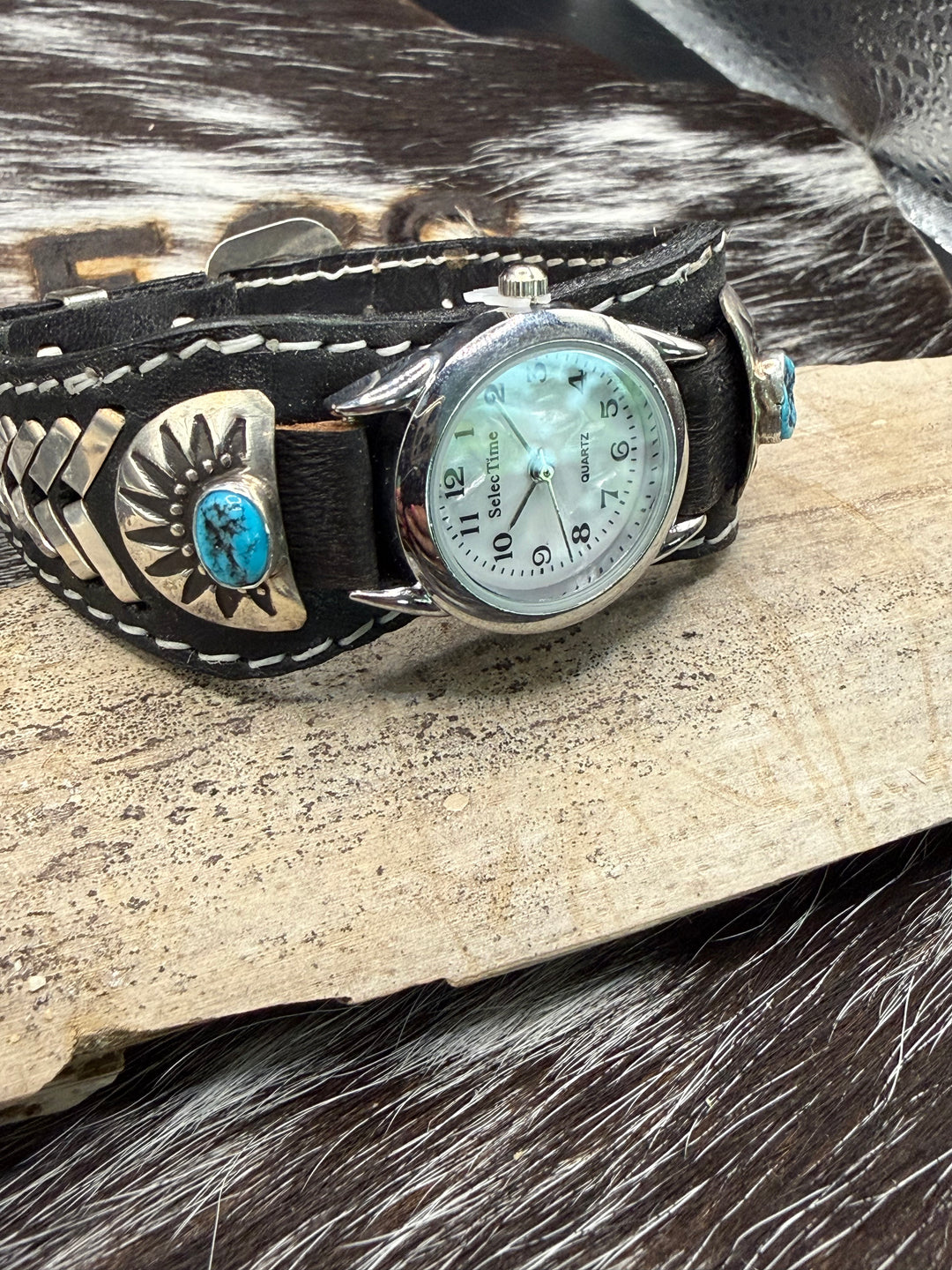Navajo Kingman Turquoise Sterling Silver & Leather Cuff Watch