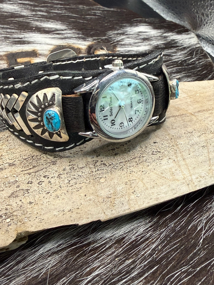 Navajo Kingman Turquoise Sterling Silver & Leather Cuff Watch
