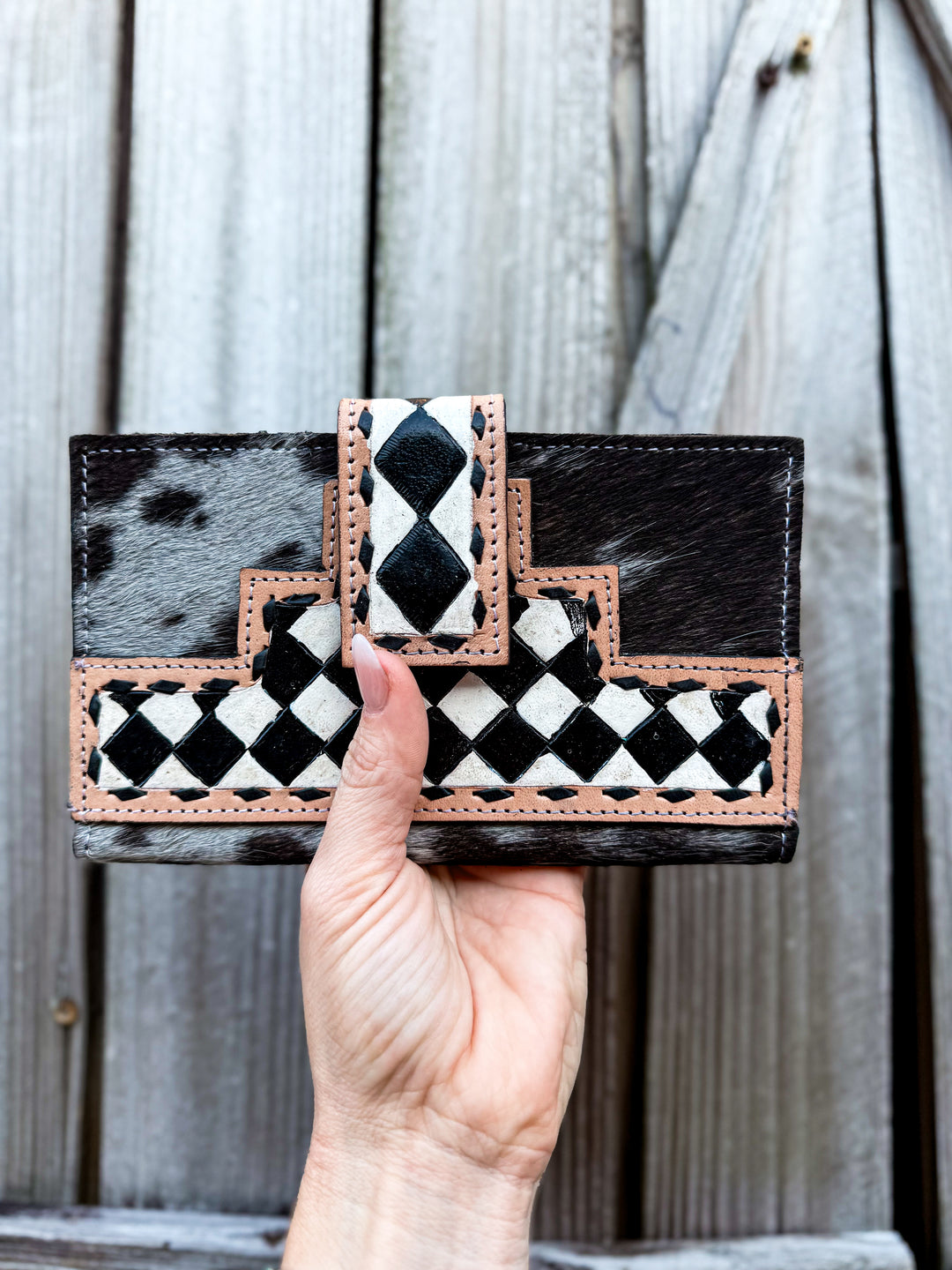 Speed Check Wallet | Handcrafted Black and White Tooled Leather Checkered Wallet with Black and Grey Cowhide