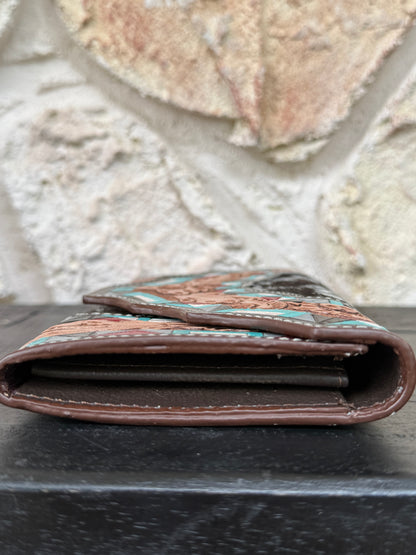 Coral Corral : Inlayed Tooled Leather Turquoise Design Cowhide Wallet