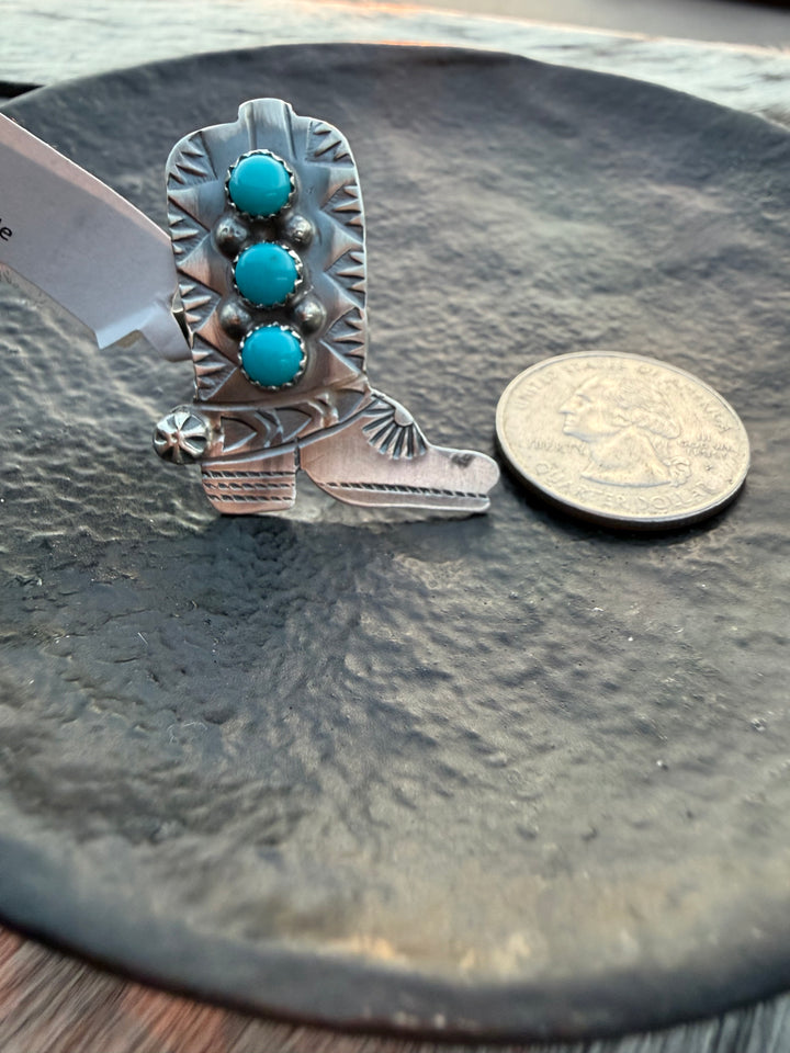 Navajo Sterling Silver Cowboy Boot Ring – Kingman Turquoise | Signed Tim Yazzie Adjustable Statement Ring