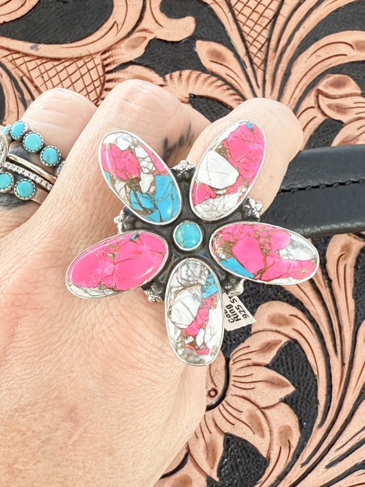 Cotton Candy Turquoise Sterling Silver Southwestern Artisan Flower Ring - Size 9