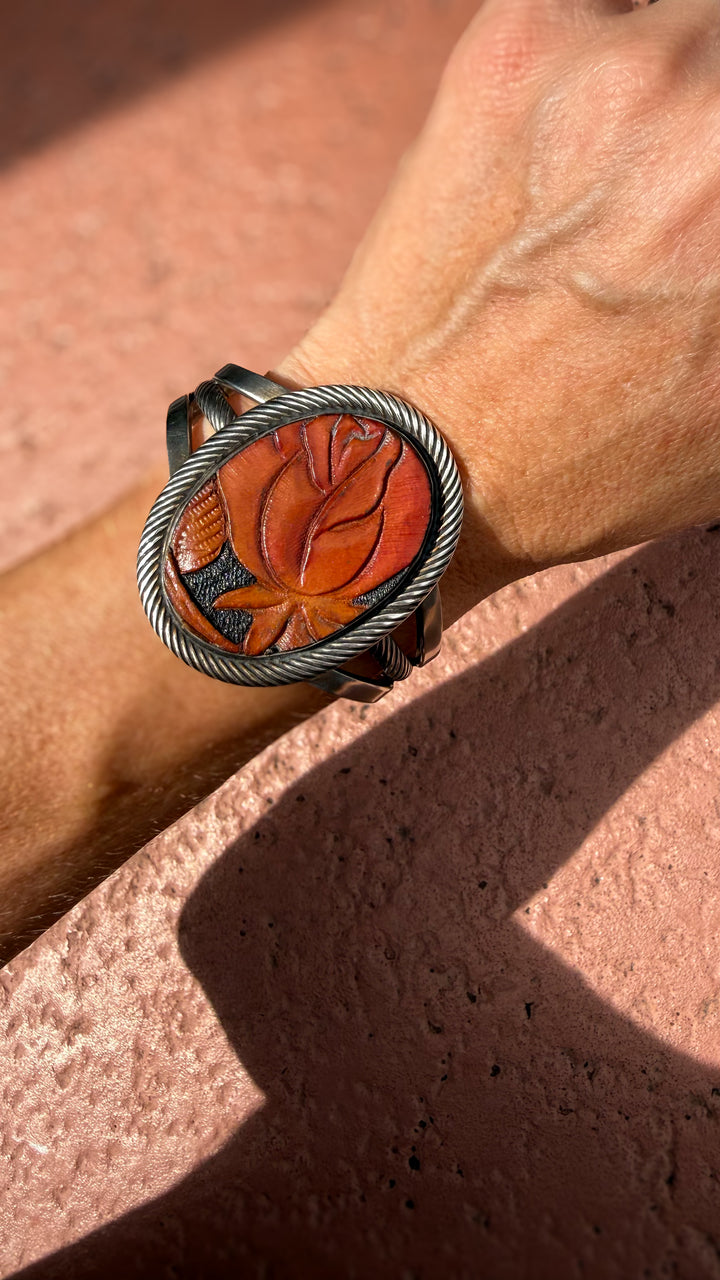 Native American Sterling Silver Tooled Leather Rose Cuff Bracelet | Signed LD | Handmade Floral 6” Western Cuff