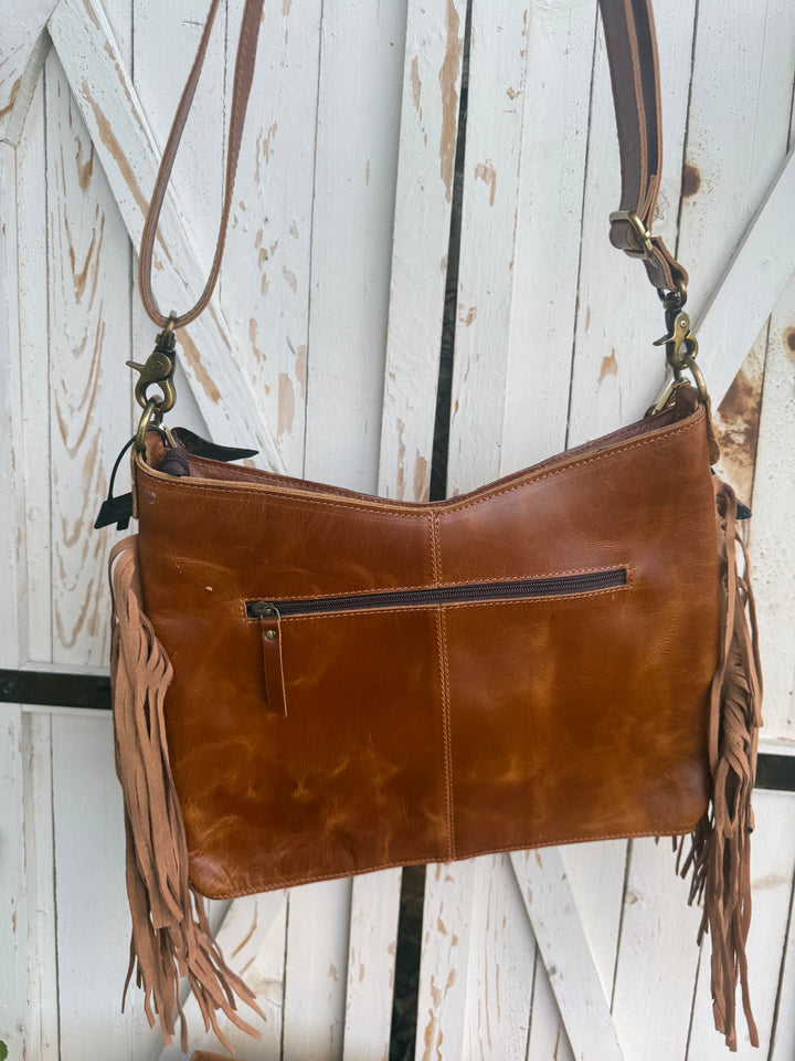 Fringe Cowhide Leather Crossbody – Hand Tooled Western Shoulder Bag – Hair-On Hide Purse