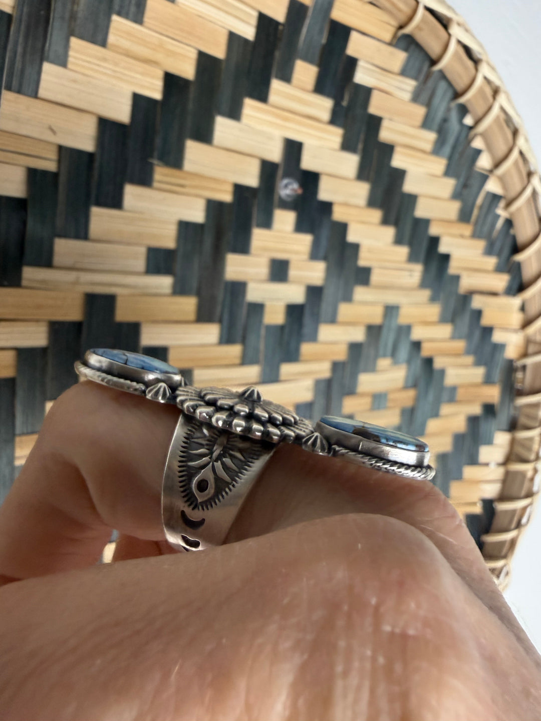 Navajo Handmade Golden Hills Sterling Silver Long Statement Concho Style Ring by Samual Yellowhair | Size 8 | Artist Signed