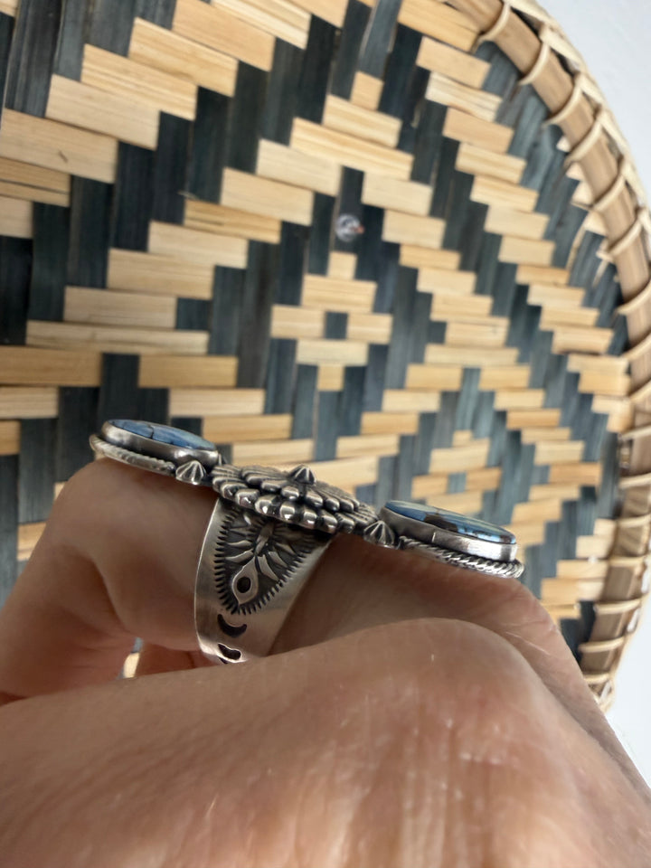 Navajo Handmade Golden Hills Sterling Silver Long Statement Concho Style Ring by Samual Yellowhair | Size 8 | Artist Signed
