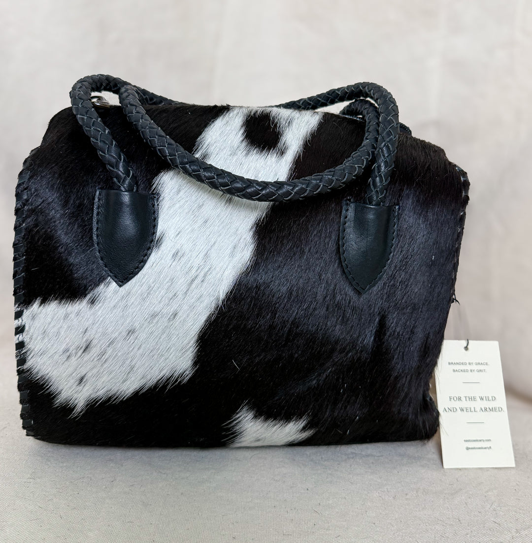 Soft & Strong™ Cowhide Satchel | Black & White Genuine Hair-On Hide Black Leather Handbag