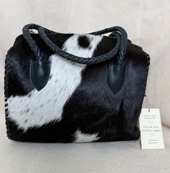 Soft & Strong™ Cowhide Satchel | Black & White Genuine Hair-On Hide Black Leather Handbag