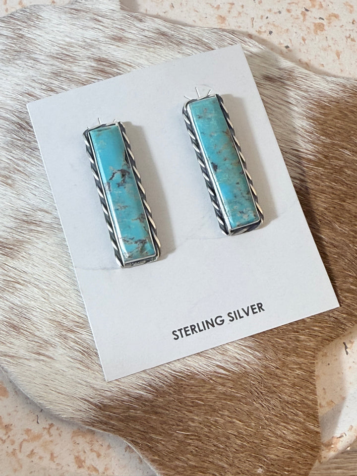 Steve Francisco Navajo Handmade Kingman Turquoise Bar Earrings