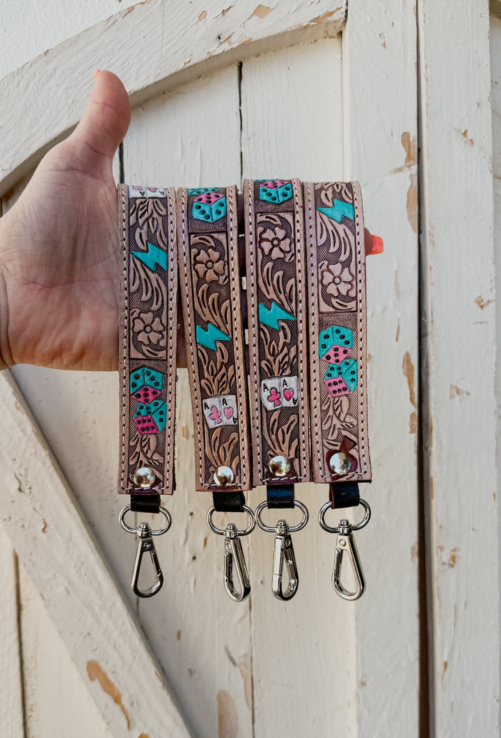 Punchy Hand Tooled and Hand Painted Leather Key Chain Wristlet