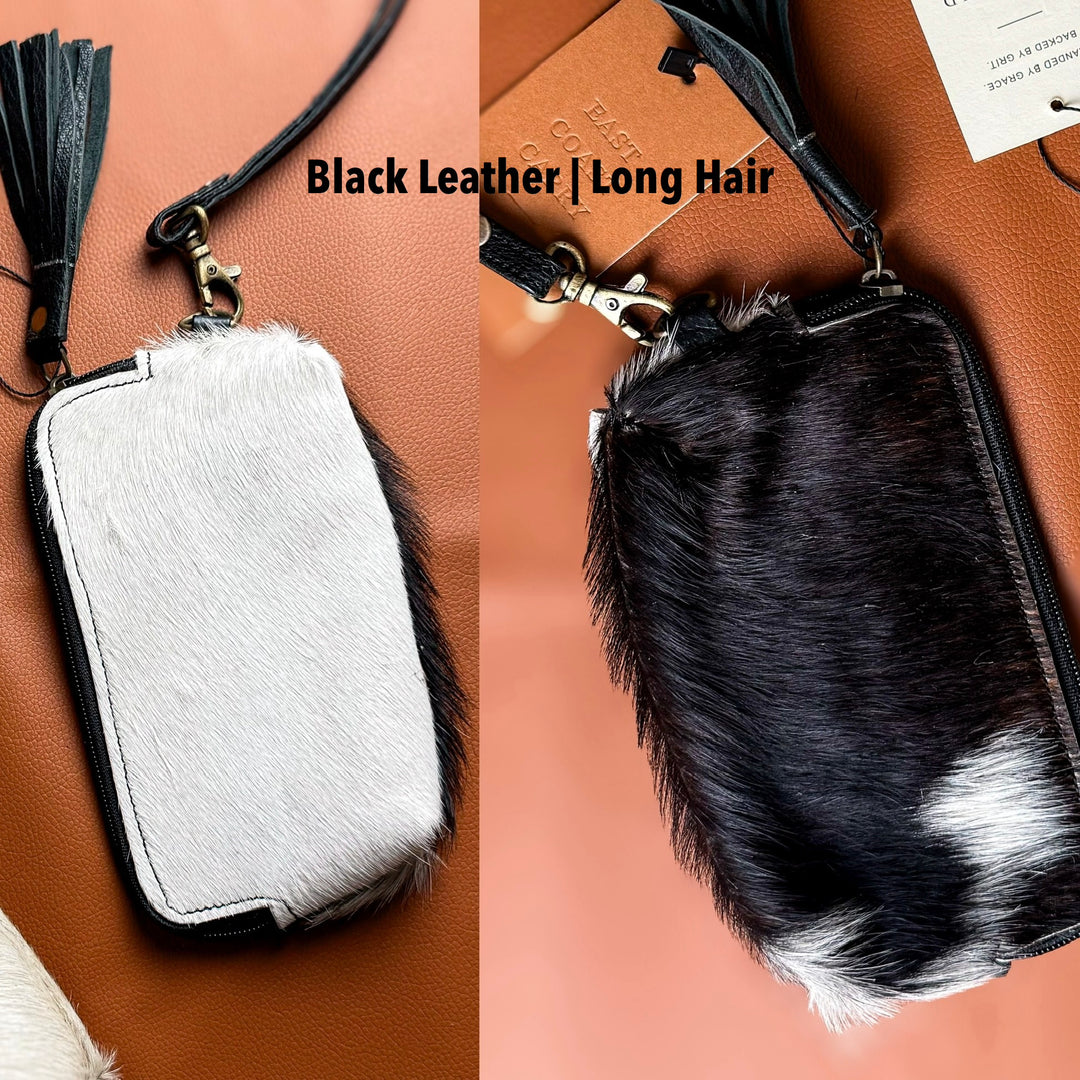 Genuine Cowhide Wristlet Pouch | Hair-On Hide Organizer with Tassel & Wrist Strap
