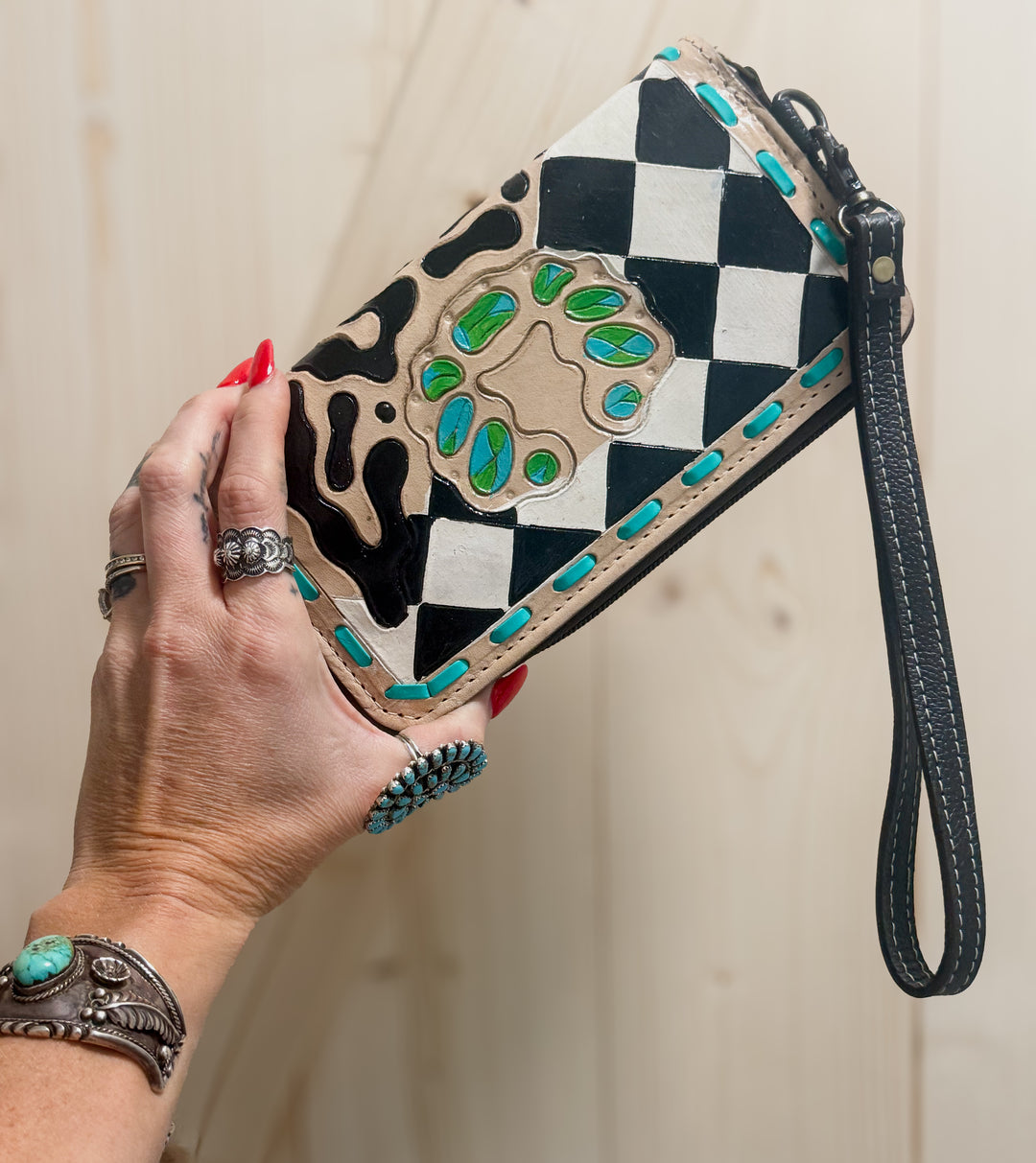 Royston Punch | Hand-Tooled Black & White Checkered Cheetah Turquoise Leather Phone Wallet Wristlet