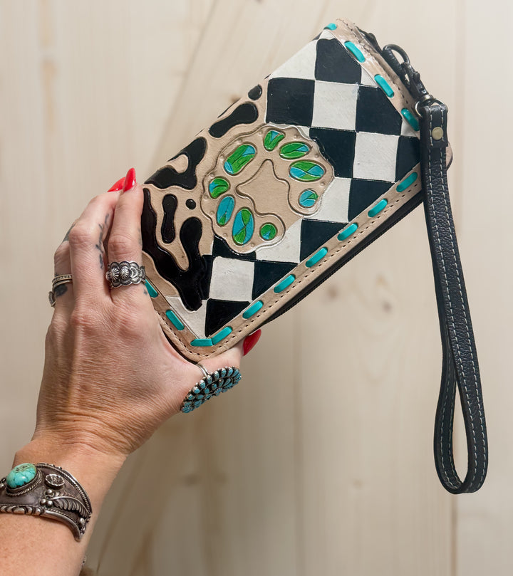 Royston Punch | Hand-Tooled Black & White Checkered Cheetah Turquoise Leather Phone Wallet Wristlet