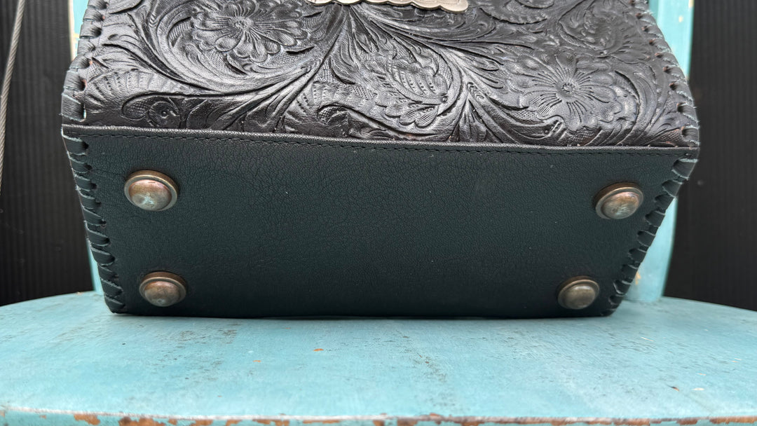 The Sonoran Heirloom Speedy Satchel | Tooled Leather Black Convertible Handbag