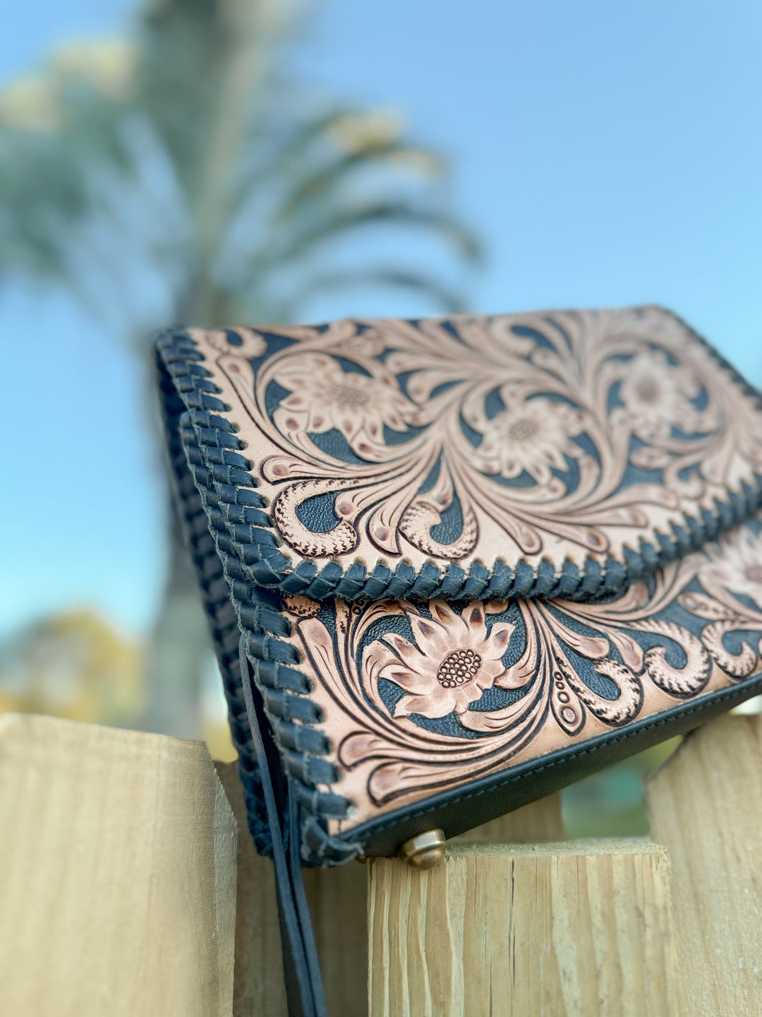 Black and Bloom | Black and Brown Tooled all Leather Western Crossbody Purse