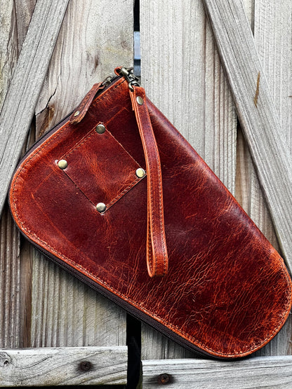 Tooled leather and cowhide zipper handgun case