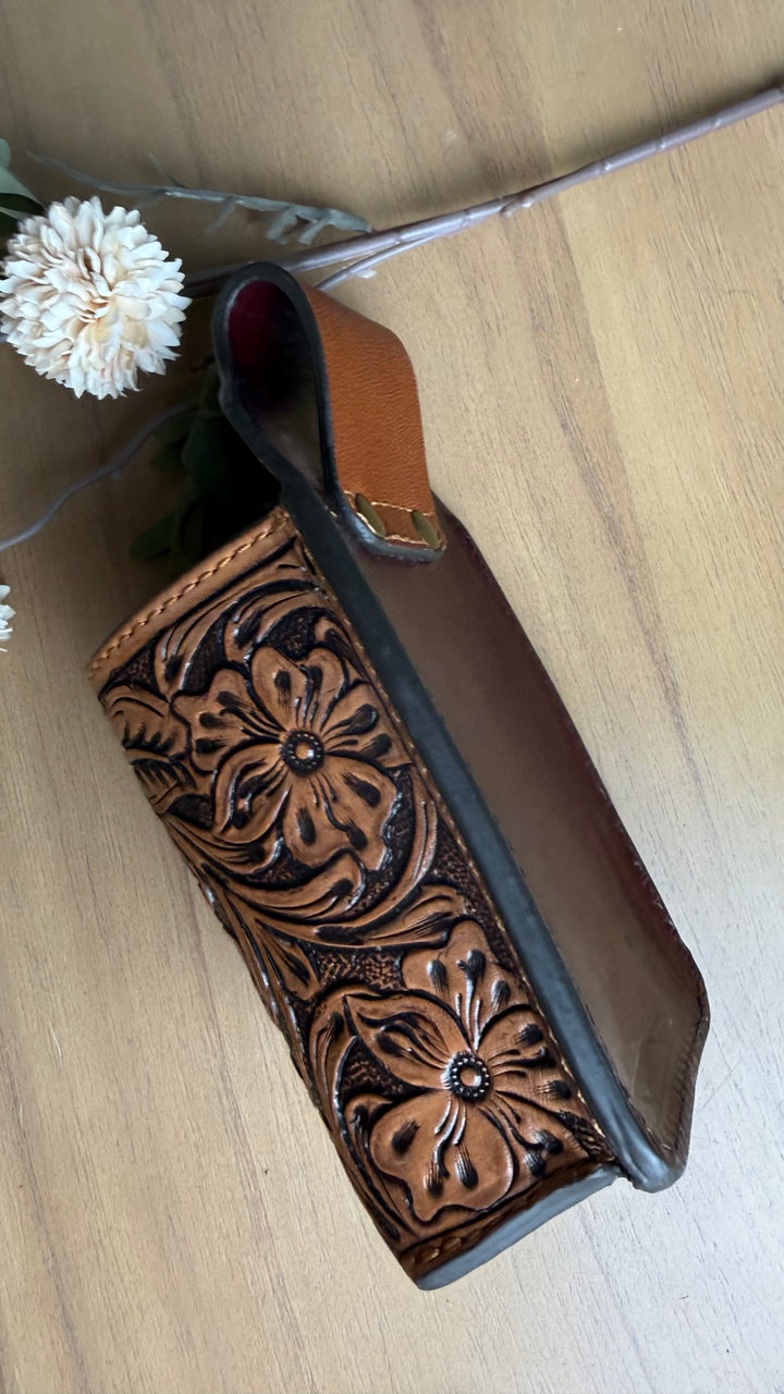 Tooled Leather Belt Drink Holster | Hands-Free Beverage Holder | Genuine Leather Festival, Market & Camping Cup Holder