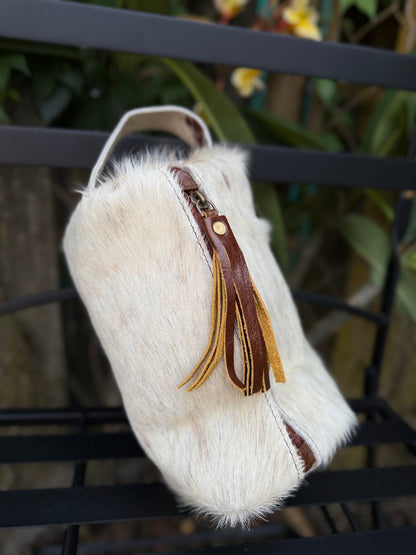 Brown/Tan Cowhide & Leather Travel Cosmetic Bag | Zipper Toiletry Case