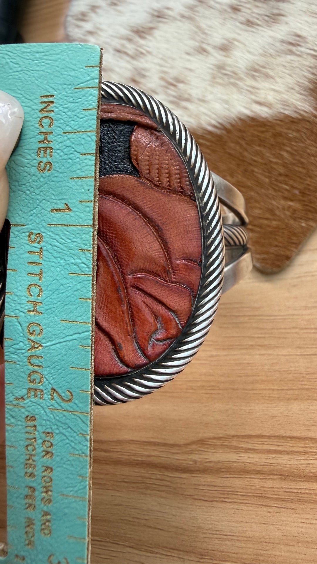 Native American Sterling Silver Tooled Leather Rose Cuff Bracelet | Signed LD | Handmade Floral 6” Western Cuff