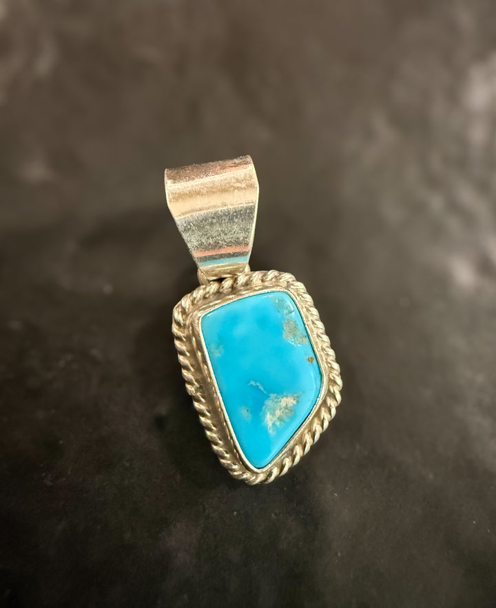 Small Kingman turquoise Navajo pendant shown on paperclip chain necklace