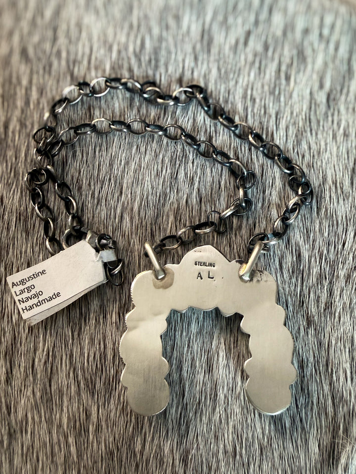 Back view showing makers mark of Navajo sterling silver naja necklace with No. 8 turquoise stones by Augustine Largo on 16 inch chain