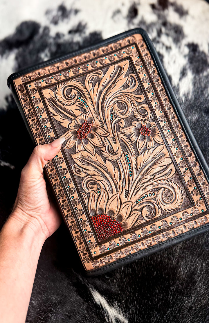 Hand Tooled Leather Bible Cover | Fits Standard, Large Print & Beautiful Word Bibles | Genuine Leather Zip Bible Case