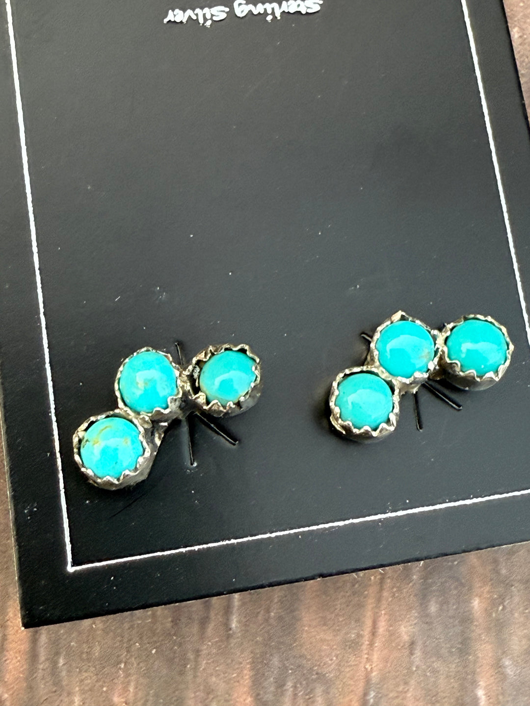 Navajo handmade triple Kingman turquoise sterling silver earrings