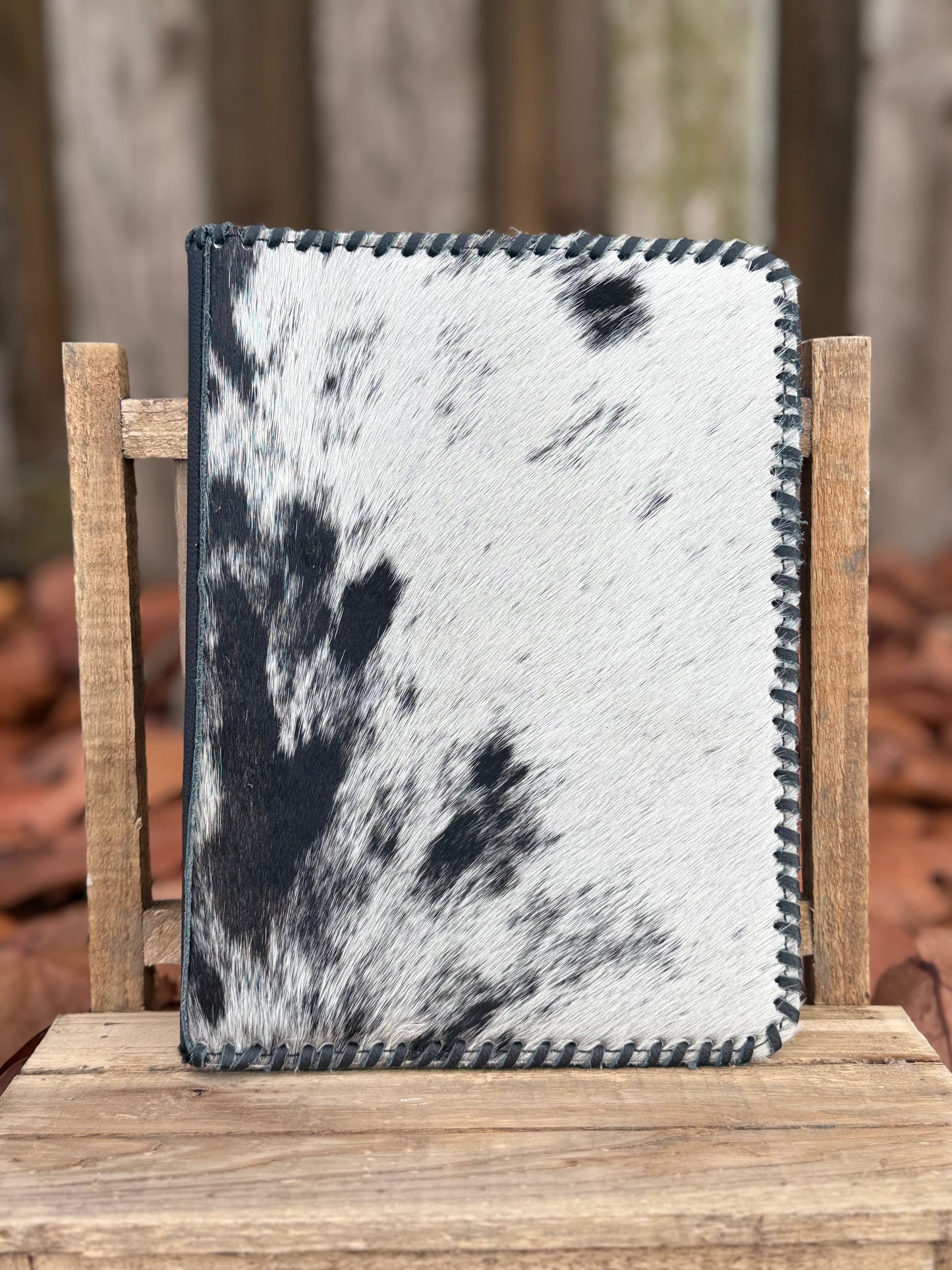 Black Leather & Cowhide Bible Cover – Handmade Western Book Sleeve for Large Bibles & Journals