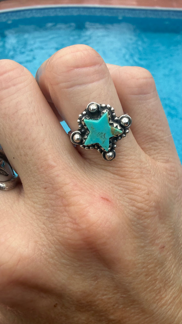 Sterling Silver Kingman Turquoise Star Ring | Adjustable Size 6–9 | Western Statement Ring
