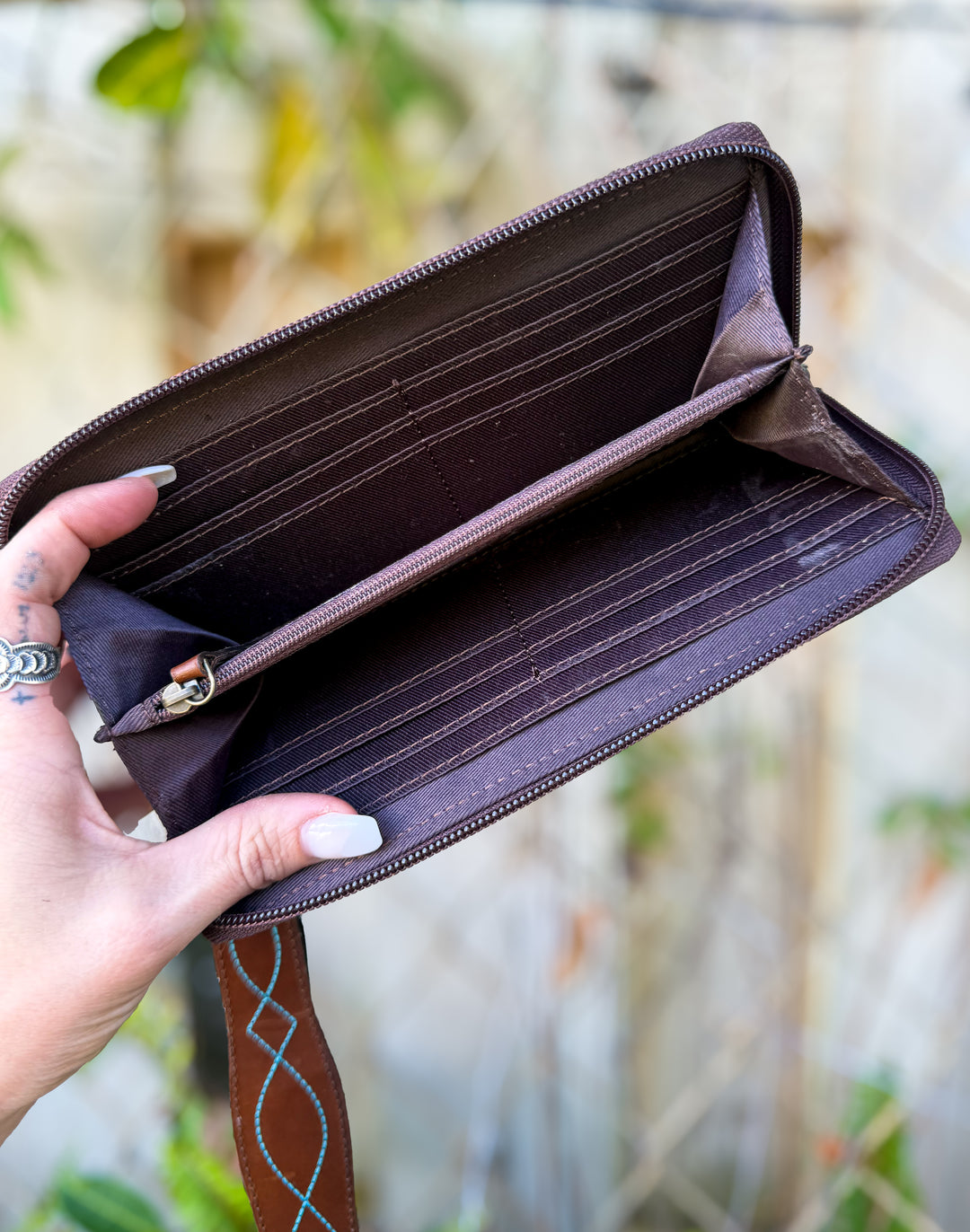 Turquoise Boot Stitch Leather Zip Wallet with Wristlet | Genuine Leather Western Wallet