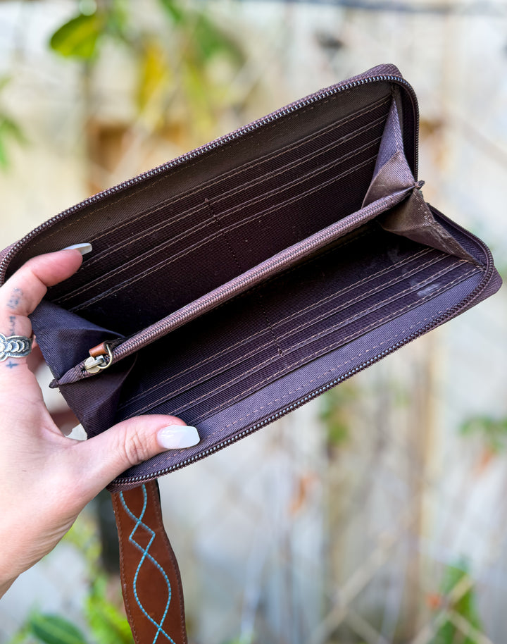 Turquoise Boot Stitch Leather Zip Wallet with Wristlet | Genuine Leather Western Wallet