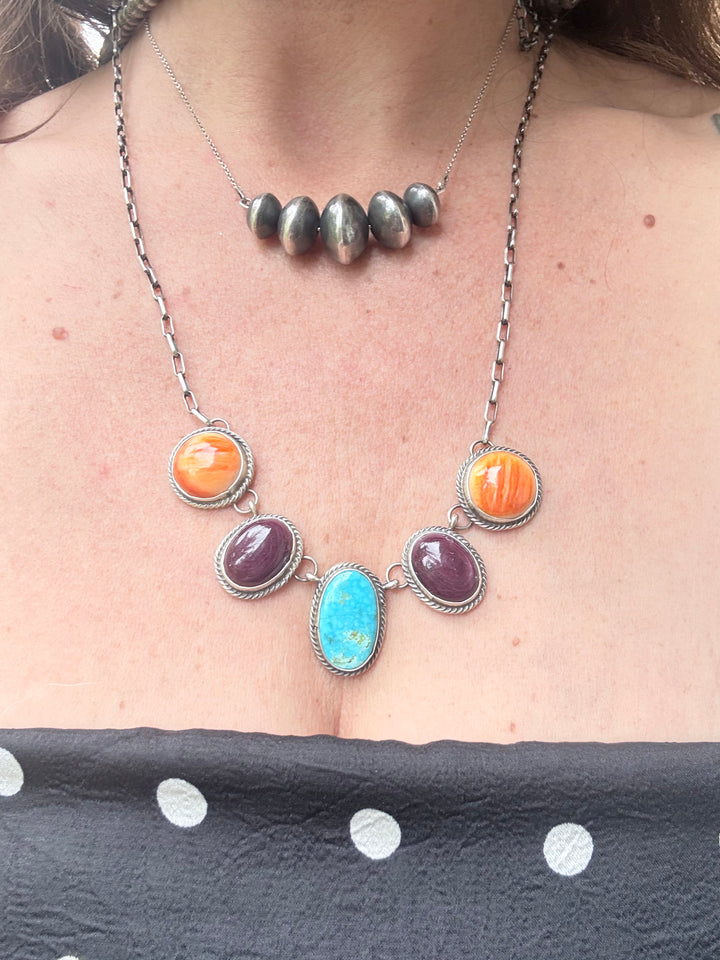 Sheila Tso Navajo Whitewater Turquoise, Purple and Orange Spiny Oyster Necklace