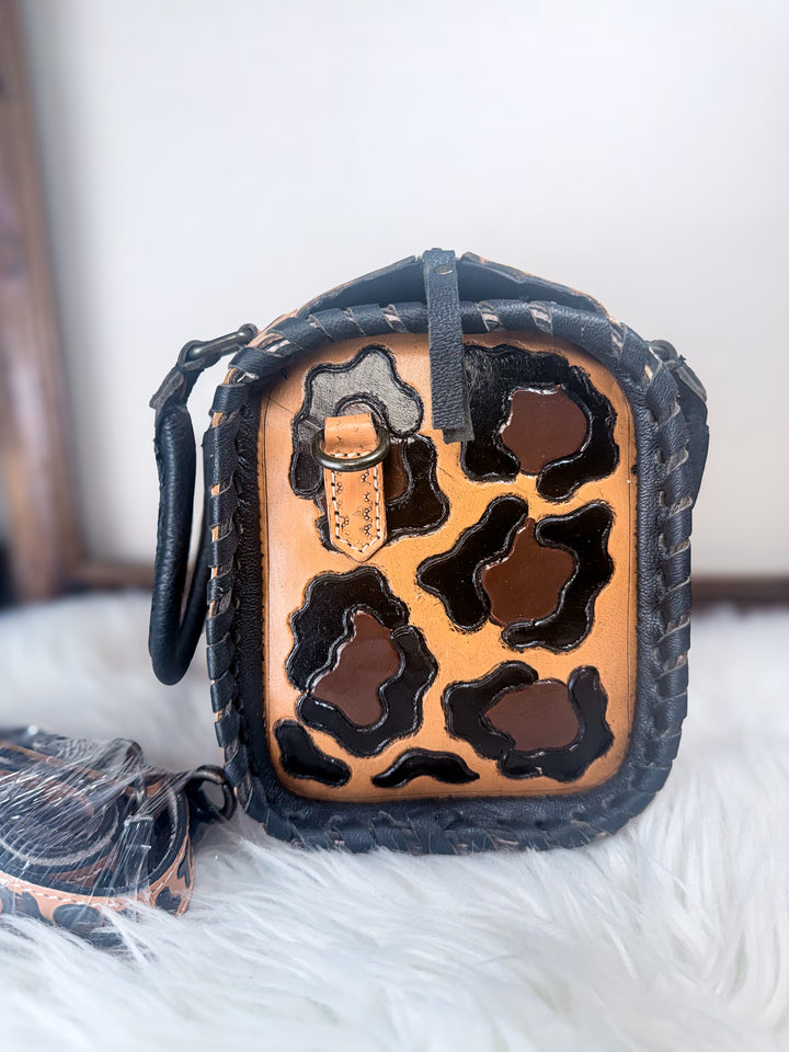 The Speedy Leopard Mini | Tooled Leather Leopard Pattern Structured Bowler Purse