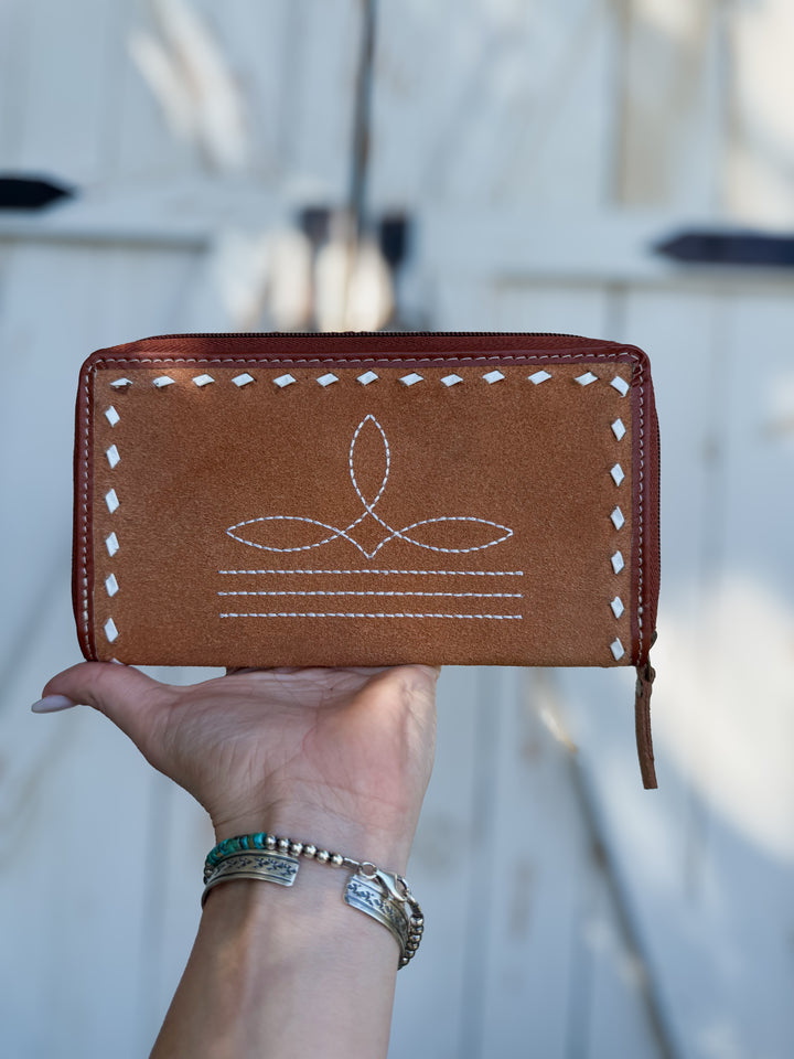 Genuine Suede Leather Boot Stitch Zip Wallet | Western Zip Around Wallet | Tan, Brown or Black