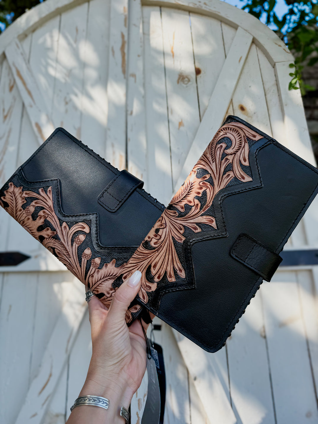 Business in Boots Oversized Black and White Cowhide Wallet | Western Tooled Leather Checkbook Wallet
